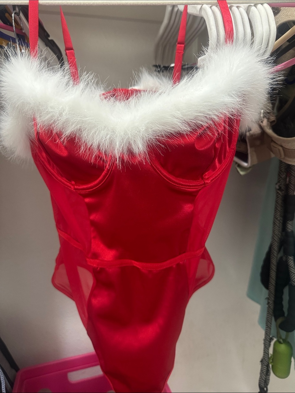 Forever 21 Red Satin Teddy with White Faux Fur Trim